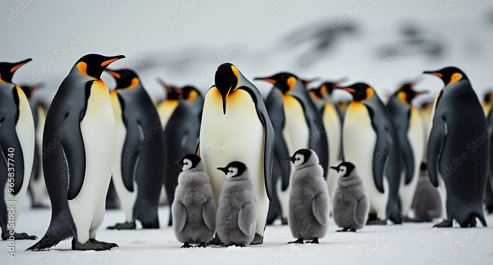 Obraz premium A group of emperor penguins stands in the snow, with several adult penguins watching over their fluffy grey chicks. 