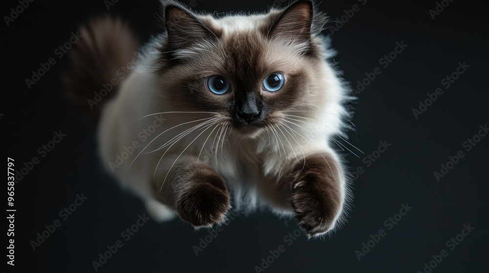 Obraz premium A playful cat leaps gracefully against a dark background, showcasing its agility and charm.
