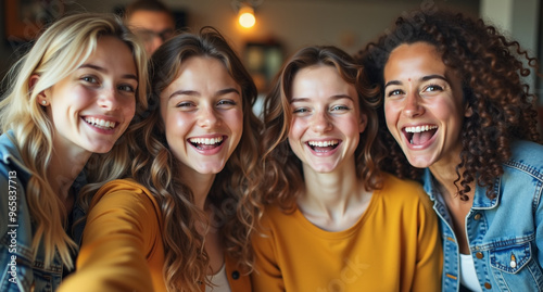 Four smiling women take a cheerful group selfie in casual, cozy outfits. 