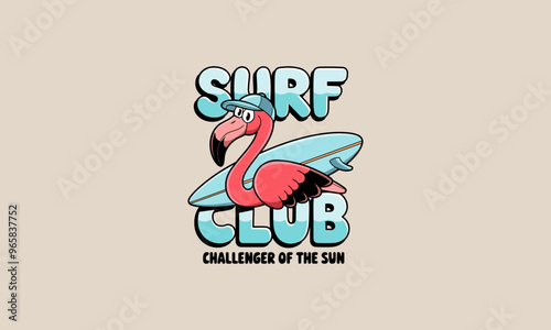 Flamingo holding a surfboard with Surf Club text design photo