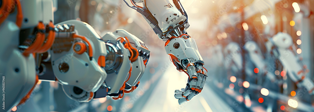 Fototapeta premium Robotic cyborg walking on conveyor belt in factory Closeup a woman wearing a robotic leg that walks on a treadmill, robotic cyborg, conveyor belt, factory setting, robotic leg, woman with prosthetic 