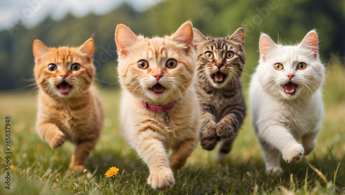 Dog and Cat Group Running in Field