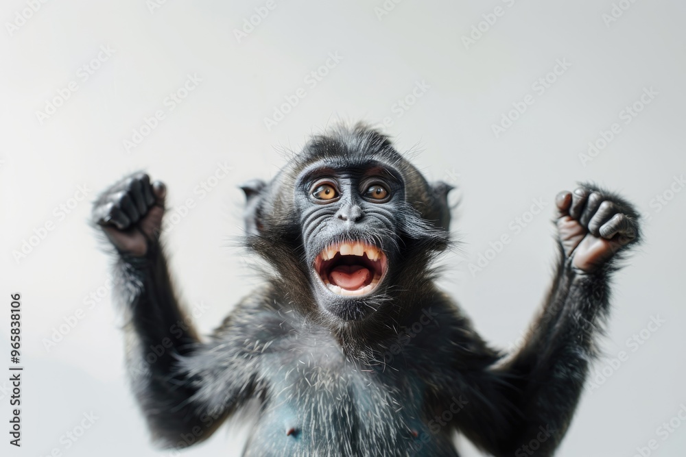 Fototapeta premium Joyful Monkey with Open Mouth Showing Teeth on Light Background