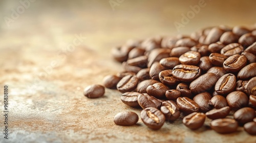 A detailed view of brown coffee beans on a soft light background, showcasing their texture and aroma in a simple composition