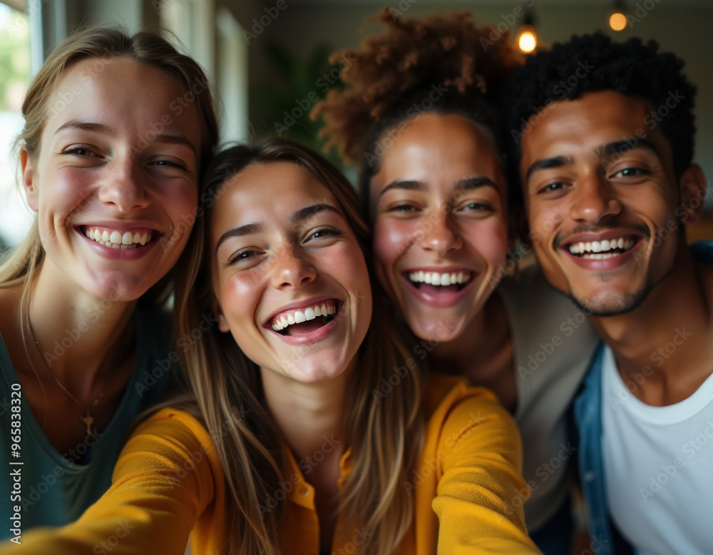 A group of four friends happily taking a selfie together indoors, all smiling and laughing.
A group of four friends happily taking a selfie together indoors, all smiling and laughing.