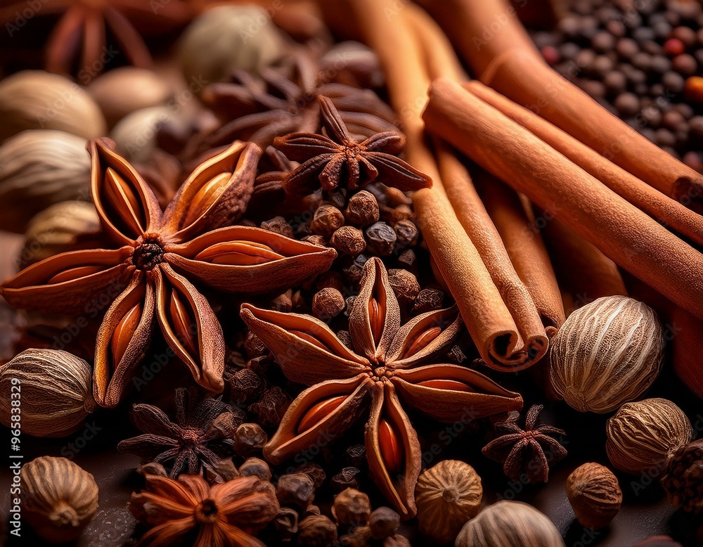 A vibrant collection of various spices, including cinnamon sticks, star anise, nutmeg, peppercorns, and cloves. A vibrant collection of various spices, including cinnamon sticks, star anise, nutmeg, peppercorns, and cloves.