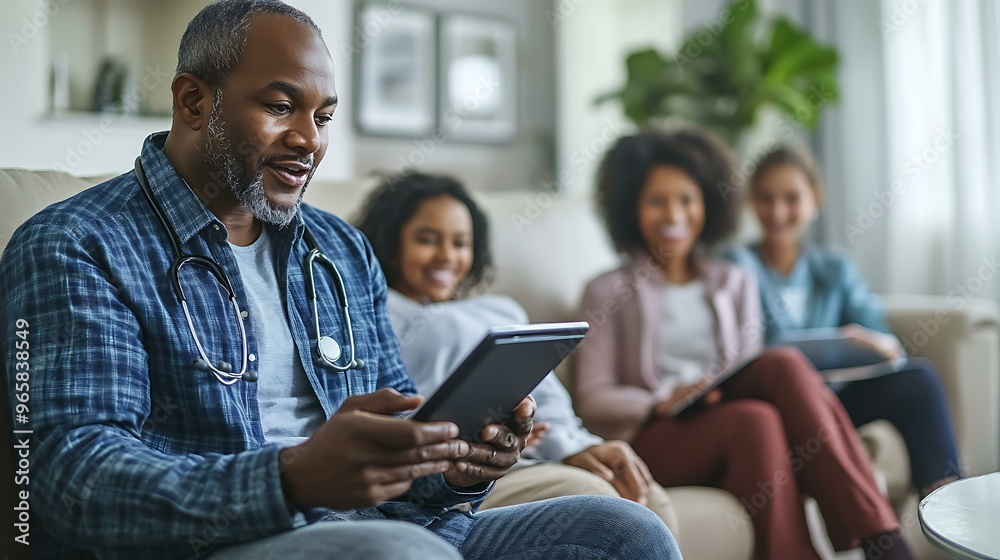 A patient sitting comfortably on a couch at home, holding a tablet while talking to a doctor via telemedicine. In the background, family members provide emotional support, smiling and engaging A patient sitting comfortably on a couch at home, holding a tablet while talking to a doctor via telemedicine. In the background, family members provide emotional support, smiling and engaging