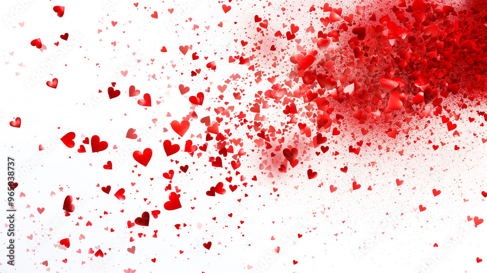 Red hearts explosion cloud, vibrant color confetti splash, love and emotion, heart particles, valentine day, isolated white background Red hearts explosion cloud, vibrant color confetti splash, love and emotion, heart particles, valentine day, isolated white background