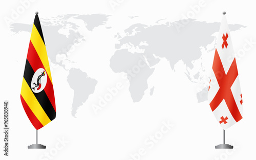 Uganda and Georgia flags for official meeting against background of world map.