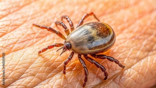 Close-up of a tick attached to human skin, spreading diseases like Lyme disease and tick-borne encephalitis, tick