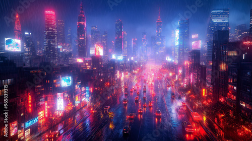 A cityscape with neon lights and a lot of traffic