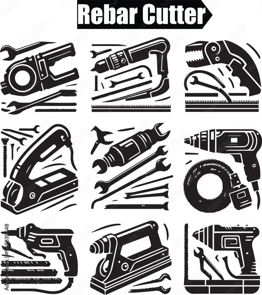 Fototapeta premium Rebar Cutter Tool Set Vector Illustration: Black and White Graphic Design of Construction Tools, Including Drills, Wrenches, and Cutting Equipment