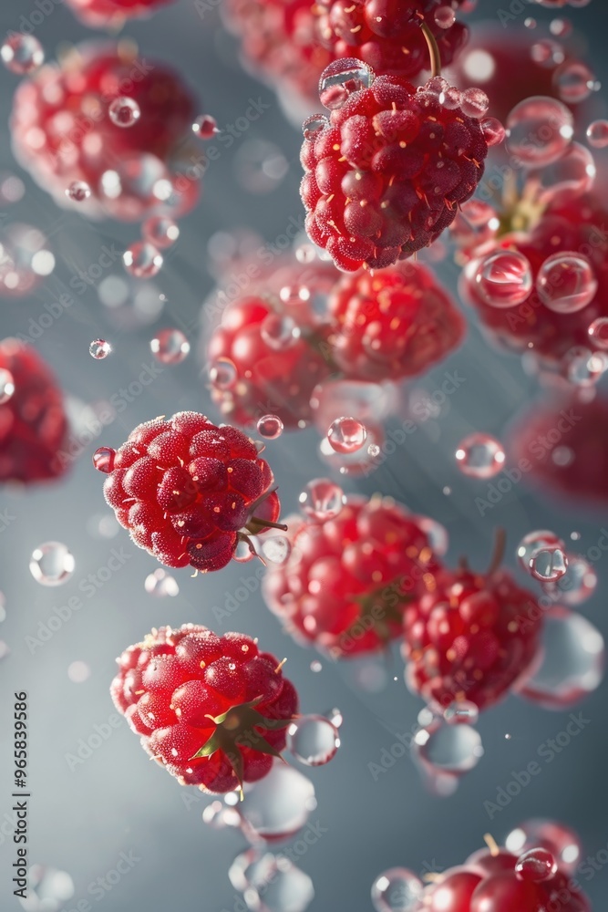 Fresh Red Raspberries with Water Bubbles on Blue Background - Refreshing Summer Fruit Concept Fresh Red Raspberries with Water Bubbles on Blue Background - Refreshing Summer Fruit Concept