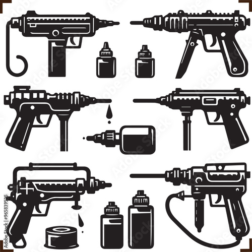 Black and White Vector Illustration of Tattoo Machines: Gun Style, Ink Bottles, Vintage Tattooing Equipment, Tattoo Art, Retro Design