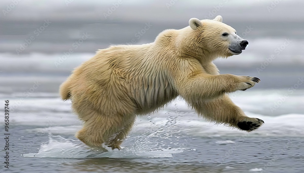 Polar Bear Running, Playing, and Jumping on an Ice Flow in the Arctic, Wildlife and Climate Change Polar Bear Running, Playing, and Jumping on an Ice Flow in the Arctic, Wildlife and Climate Change