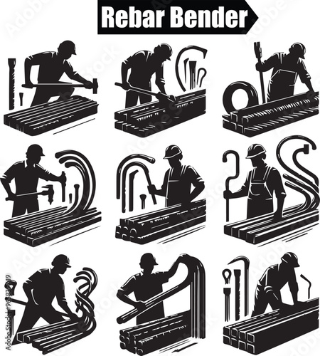 Rebar Bender Black and White Vector Illustration: Construction Worker Bending Steel Rebar with Tools, Silhouette Style for Engineering Projects
