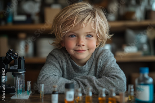 A little boy is sitting at a table at home, with a microscope and some test tubes on it. He is looking at the camera and smiling. This photo is from a front side angle.