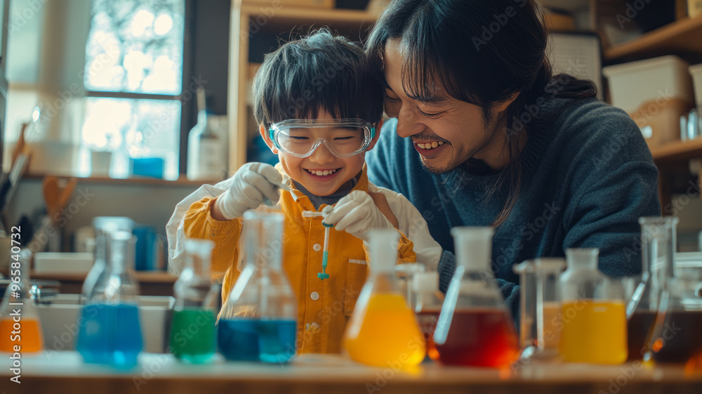 A family joyfully experiments with science in a vibrant, educational kitchen. A family joyfully experiments with science in a vibrant, educational kitchen.