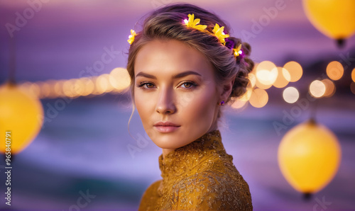 A woman with a flower crown looks at the camera in front of a purple and blue background with blurry lights photo