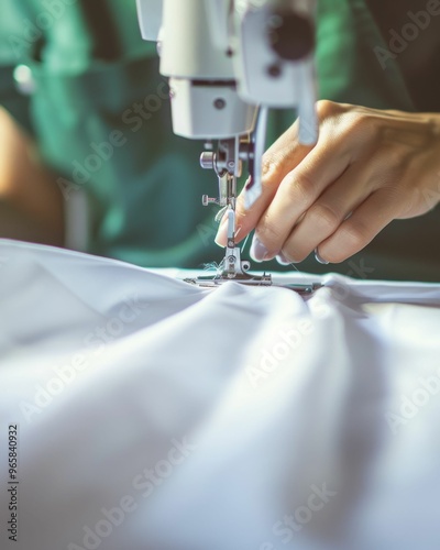 A person is sewing a piece of fabric with a sewing machine