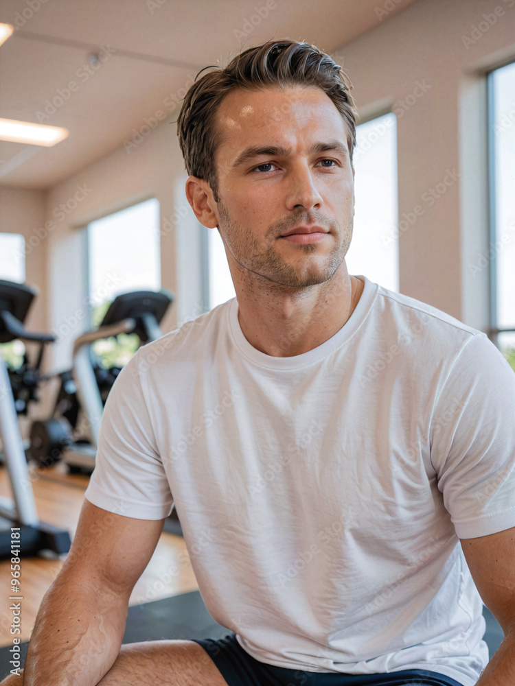Hombre joven vestido con camiseta blanca en el gimnasio Hombre joven vestido con camiseta blanca en el gimnasio
