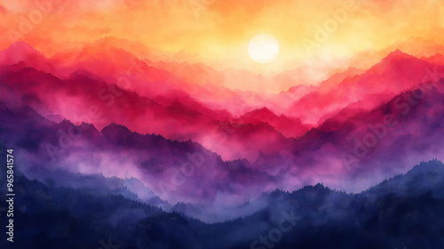 A painting of a mountain range with a sun in the sky