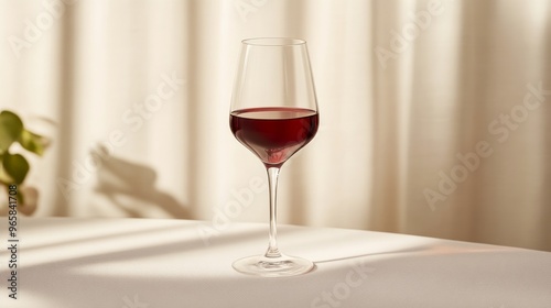 Red wine glass on table with soft curtains