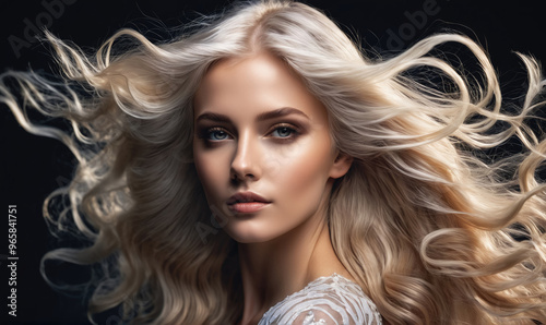 A young woman with blonde hair poses against a dark background. Her hair is styled in loose curls and waves, and it appears to be flowing in the wind