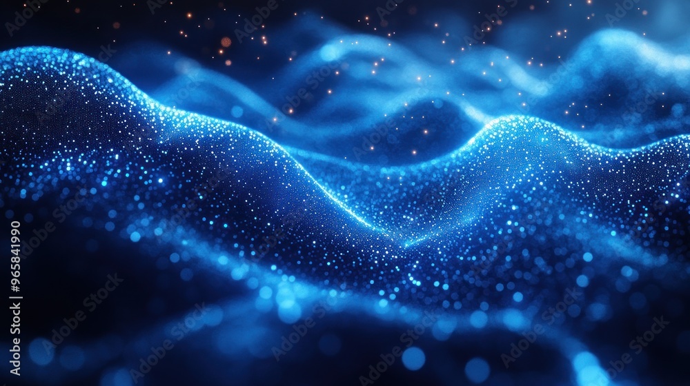 Abstract glowing waves with sparkling particles in blue tones. Abstract glowing waves with sparkling particles in blue tones.