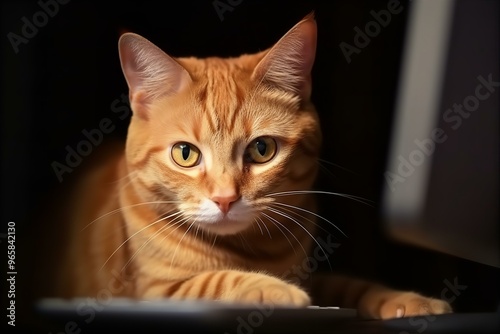 Focused and Captivated Cat Sitting in Front of a Computer