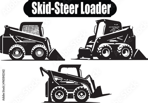 Skid-Steer Loader Vector Illustration: Black and White Graphic of Construction Equipment, Heavy Machinery, Industrial Vehicle, Clip Art Design