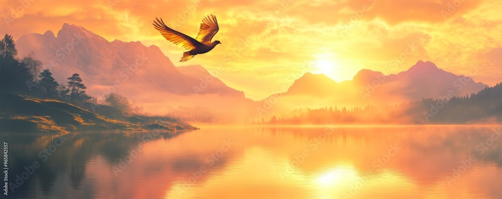 Majestic sunrise over tranquil lake with bird in flight, serene landscape. Nature and freedom concept Majestic sunrise over tranquil lake with bird in flight, serene landscape. Nature and freedom concept