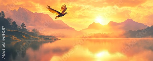 Majestic sunrise over tranquil lake with bird in flight, serene landscape. Nature and freedom concept