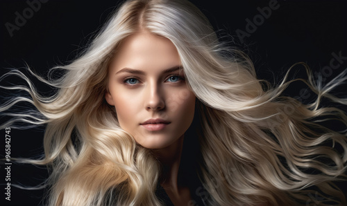 A woman with long, blonde hair poses against a black background, her hair flowing in the wind