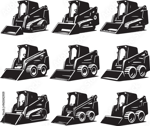 Black and White Vector Illustration of Skid Steer Loaders: Construction Equipment, Heavy Machinery, Industrial Vehicles, Front Loaders, Bobcats