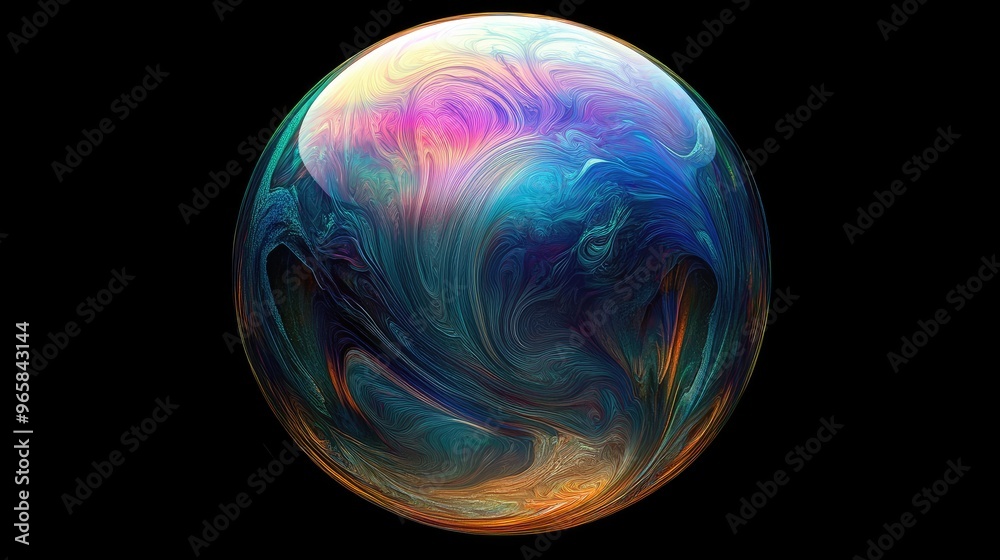 A single iridescent soap bubble with a tail on a colorful background A single iridescent soap bubble with a tail on a colorful background