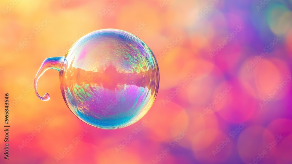 A single iridescent soap bubble with a tail on a colorful background A single iridescent soap bubble with a tail on a colorful background