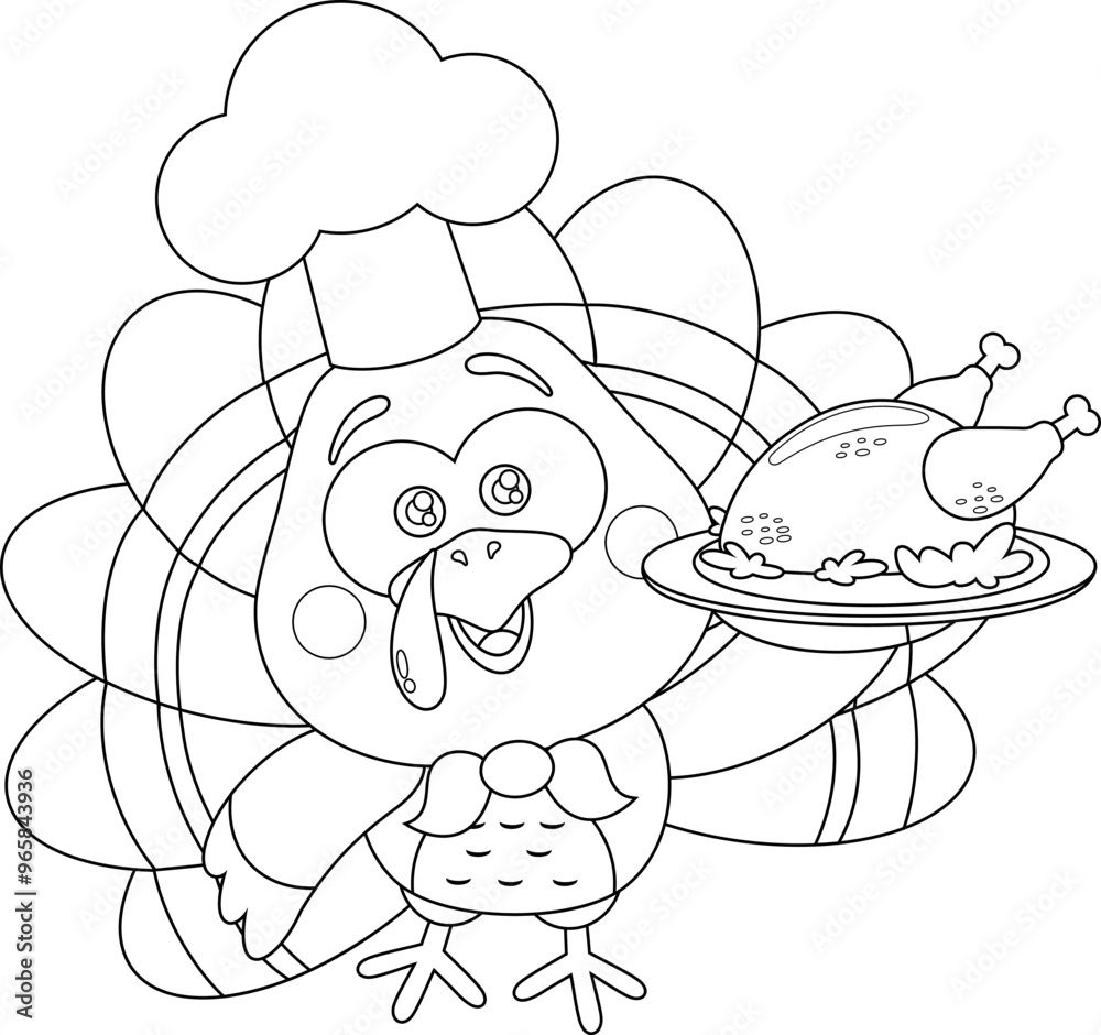 Outlined Cute Baby Turkey Bird Cartoon Character With Chef Hat Holding Roasted Chicken. Vector Hand Drawn Illustration Isolated On Transparent Background Outlined Cute Baby Turkey Bird Cartoon Character With Chef Hat Holding Roasted Chicken. Vector Hand Drawn Illustration Isolated On Transparent Background