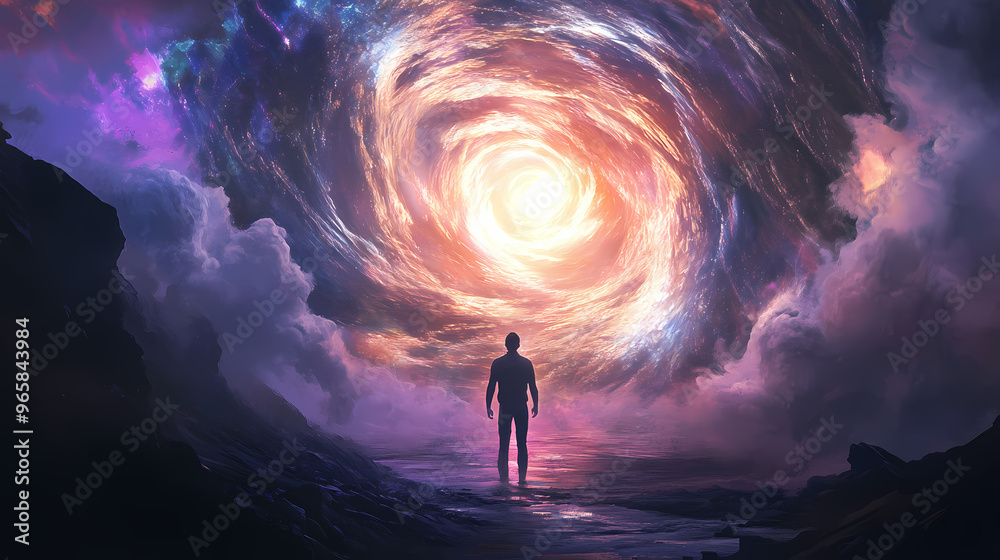 Fototapeta premium A man standing in front of a swirling vortex of bright light, creating a mesmerizing and mysterious scene. Time Portal. Illustration
