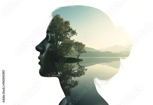 A double-exposure image depicting a woman's profile with a Lake landscape overlay photo