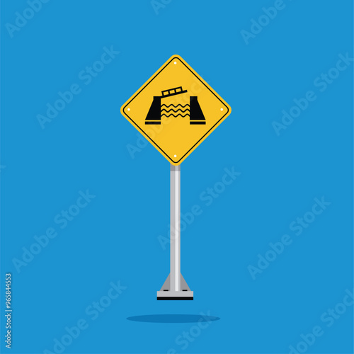 road sign icon, movable bridge warning on yellow rhombus. board.suitable for poster use and web icon