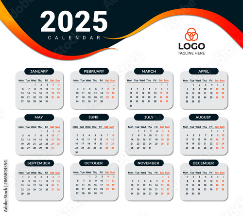 
 2025 Simple new year   calendar template with months and dates vector