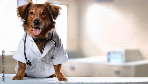 白衣を着て診察をはじめる犬の医者がこちらを見ている