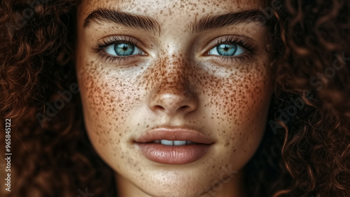 Close-up portrait of a woman with prominent freckles across her