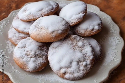 A german pfeffernusse cookie dusted in powdered sugar and spiced with cinnamon and cloves, AI Generated