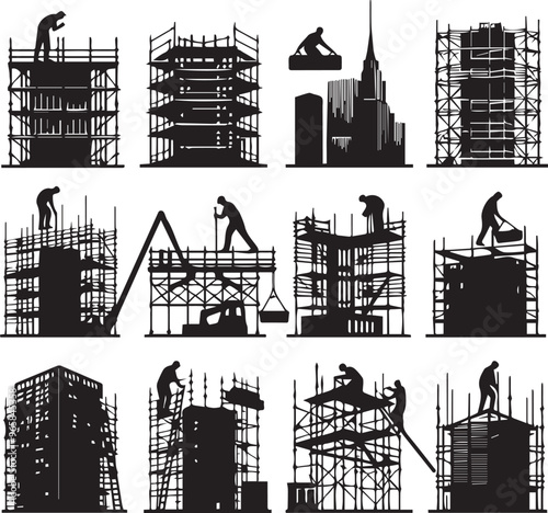Construction Workers Silhouette Vector Art: Building Scaffolding, Skyscrapers, and Urban Development Graphics Illustration Set