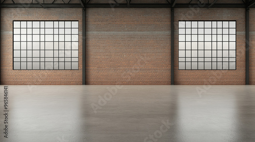 A large empty room with two windows and a brick wall