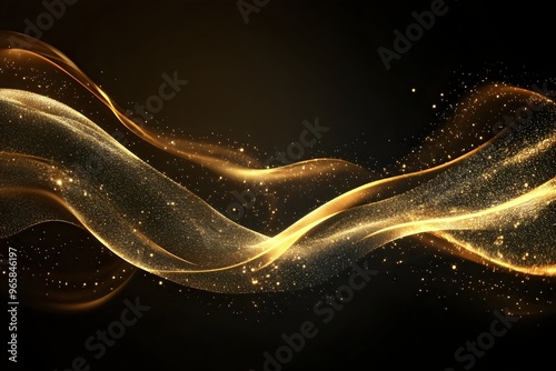 Abstract glowing golden waves flowing on black background for wallpaper, poster and banner design photo