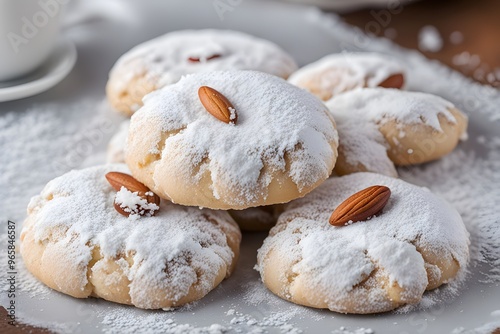 A greek kourabiedes cookie dusted with powdered sugar and decorated with an almond, AI Generated photo