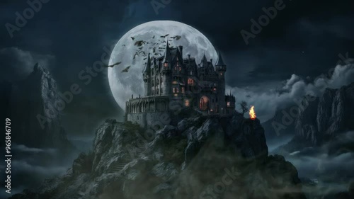 Gothic Vampire Castle on a Cliff with Full Moon Background
